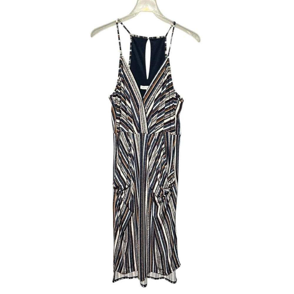 BCBGeneration Savannah Stripe Faux Wrap Dress Multi Color Hi/Lo Midi Size Medium - Picture 3 of 7